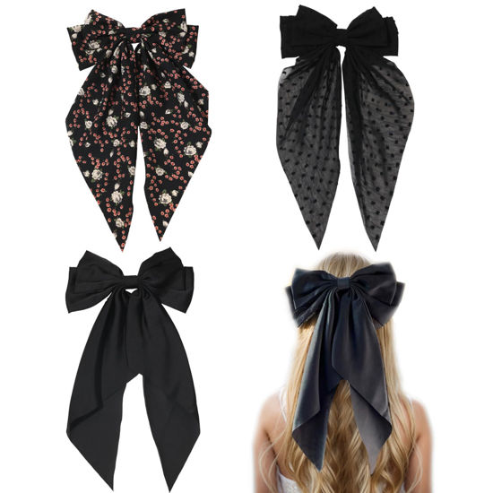 Picture of LFOUVRE Black Bow Clip 3pcs, Floral Hair Bow Clips for Girls with Tail, Big Hair Bows for Women, Bows for Girl Bowknot Barrettes, Hair Accessories