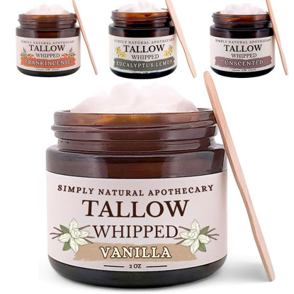 Picture of Beef Tallow for Skin Care, Face, Hands - Natural Moisturizer - Whipped - Organic Grass-Fed Beef Fat - Vitamins A, D, E, K - Dry Skin, Baby Diaper Cream - Hydrating - Warm Vanilla - 2 oz Jar