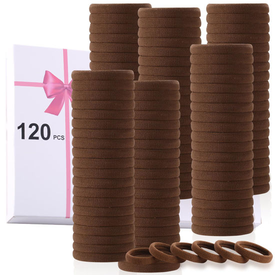 Picture of LuSeren 120 Pcs Brown No Damage Hair Ties for Women Thick Hair, Stretchy Soft Seamless Nylon Cloth Elastic Hair Ties Ponytail Holders Hair Elastics Hair Band,Women Christmas Accessories Gift