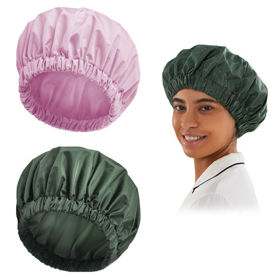 Picture of Reusable Shower Cap for Women, Large Waterproof Shower Bonnet Washable Elastic Band Bath Hair Hat for Long Hair, Braids(Green&Purple)