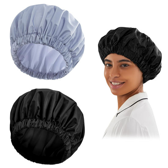 Picture of Reusable Shower Cap for Women, Large Waterproof Shower Bonnet Washable Elastic Band Bath Hair Hat for Long Hair, Braids(Black&Gray)