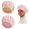 Picture of Reusable Shower Cap for Women, Large Waterproof Shower Bonnet Washable Elastic Band Bath Hair Hat for Long Hair, Braids(Pink&Beige)