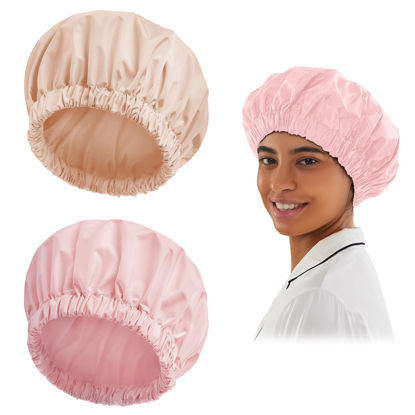 Picture of Reusable Shower Cap for Women, Large Waterproof Shower Bonnet Washable Elastic Band Bath Hair Hat for Long Hair, Braids(Pink&Beige)