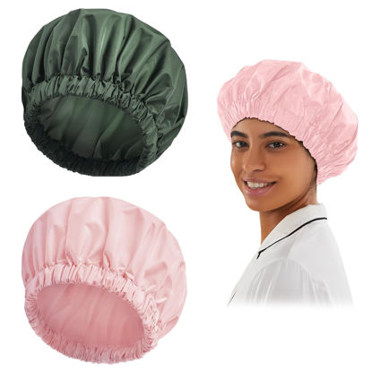 Picture of Reusable Shower Cap for Women, Large Waterproof Shower Bonnet Washable Elastic Band Bath Hair Hat for Long Hair, Braids(Pink&Green)
