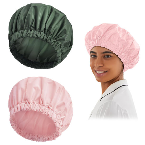 Picture of Reusable Shower Cap for Women, Large Waterproof Shower Bonnet Washable Elastic Band Bath Hair Hat for Long Hair, Braids(Pink&Green)