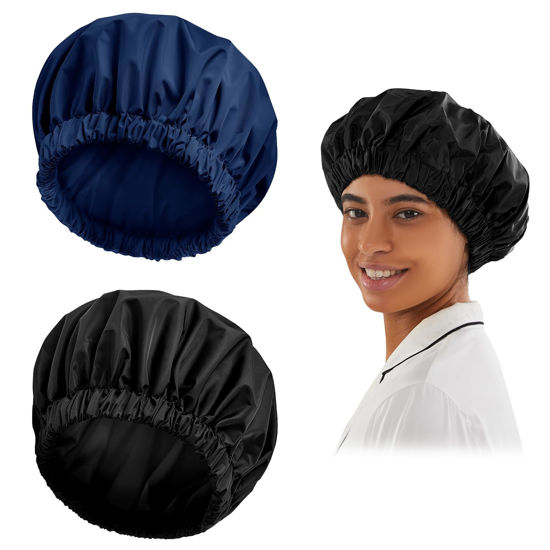Picture of Reusable Shower Cap for Women, Large Waterproof Shower Bonnet Washable Elastic Band Bath Hair Hat for Long Hair, Braids(Black&Navy)