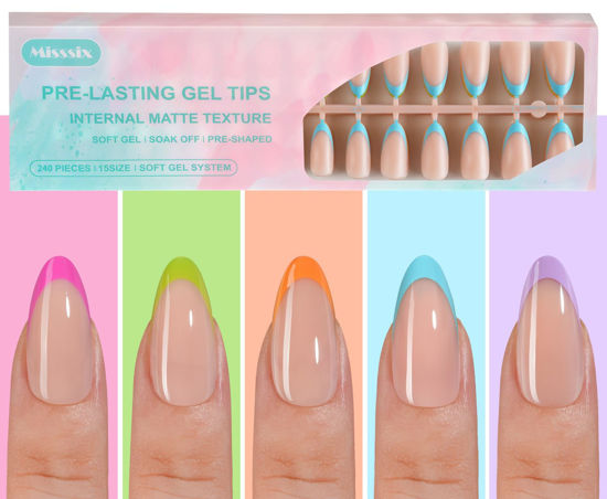 Picture of Misssix French Gel Nail Tips, 150Pcs French Tip Press on Nails Medium Almond, No Need to File Tips Pre-lasting, Fake Nails for Nail Art DIY 15 Sizes