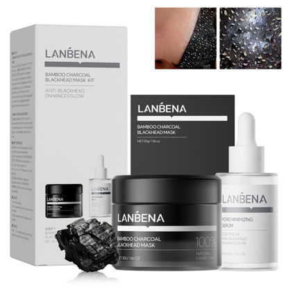 Picture of LANBENA 3-in-1 Blackhead Removal Set - Bamboo Charcoal Pore Strips (30g), Pore Minimizing Serum (30ml) & Removal Paper - Mask for Face, Minimizes Pores & Leaves Skin Fresh & Clean, Blackhead Remover