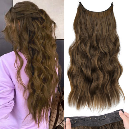 Picture of KooKaStyle Invisible Wire Hair Extensions with Transparent Wire Long Wavy Synthetic Hairpiece with 4 Secure Clips Adjustable Secret Wire Headband for Women(20 Inch Chestnut Brown)