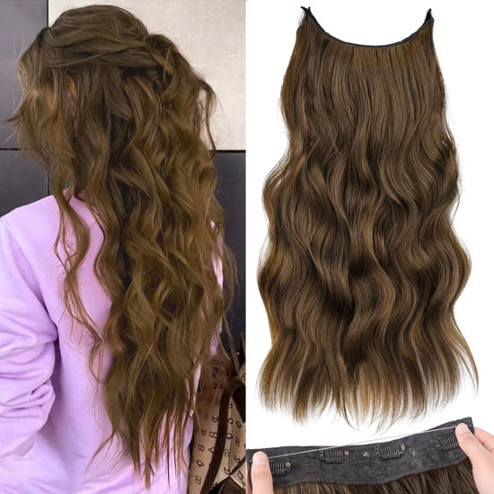 Picture of KooKaStyle Invisible Wire Hair Extensions with Transparent Wire Long Wavy Synthetic Hairpiece with 4 Secure Clips Adjustable Secret Wire Headband for Women(20 Inch Chestnut Brown)