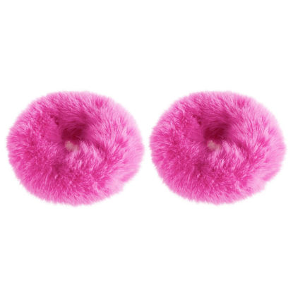 Picture of 2 PCS Hot Pink Pom Pom Hair Tie Fuzzy Scrunchies Furry Hair Bands With Faux Rabbit Fur Fluffy Elastic Hair Bobbles Ponytail Holders Girls Women Hair Accessories