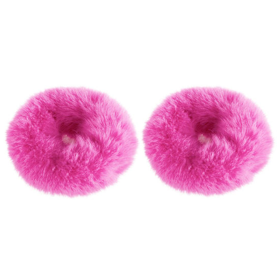 Picture of 2 PCS Hot Pink Pom Pom Hair Tie Fuzzy Scrunchies Furry Hair Bands With Faux Rabbit Fur Fluffy Elastic Hair Bobbles Ponytail Holders Girls Women Hair Accessories