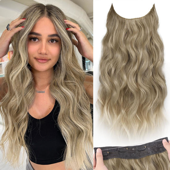Picture of KooKaStyle Invisible Wire Hair Extensions with Transparent Wire Adjustable Size 4 Secure Clips Long Wavy Secret Synthetic Hairpiece 20 Inch for Women(Ash Brown mix Bleach Blonde)