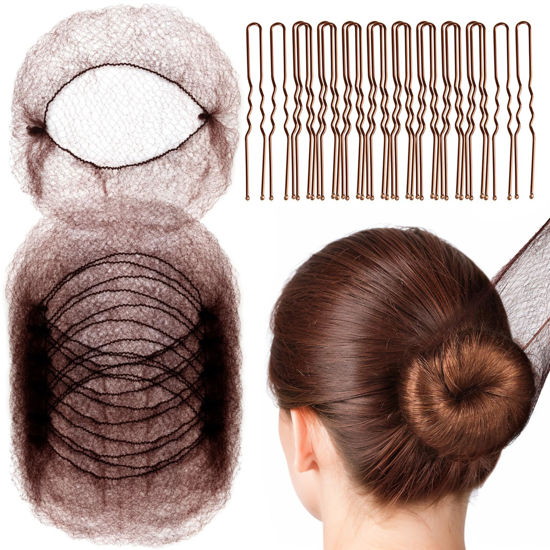 Picture of Fandamei Hair Accessories Set: 20PCS Mesh Hair Nets Invisible and 40PCS U Shaped Hair Pins for Women, Girls, Ballet Bun Maker & Dance (Hair Nets- 20 inch(50cm), Hair Pins- 2.4 inch(6cm)), Brown