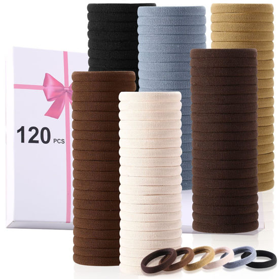Picture of LuSeren 120 Pcs No Damage Hair Ties for Women Thick Hair, Stretchy Soft Seamless Nylon Cloth Elastic Hair Ties Ponytail Hair Holders Hair Elastics Hair Band for Women Neutrals Color