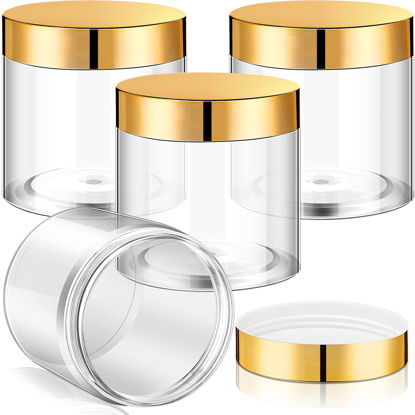 Picture of Patelai 4 Pieces Round Clear Wide-mouth Leak Proof Plastic Container Jars with Lids for Travel Storage Makeup Beauty Products Face Creams Oils Salves Ointments DIY Making or Others (Gold,8 Ounce)