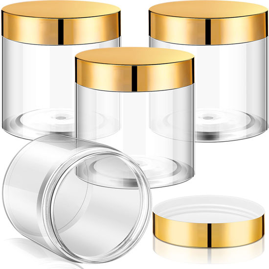 Picture of Patelai 4 Pieces Round Clear Wide-mouth Leak Proof Plastic Container Jars with Lids for Travel Storage Makeup Beauty Products Face Creams Oils Salves Ointments DIY Making or Others (Gold,8 Ounce)