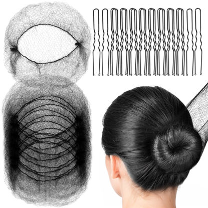 Picture of FANDAMEI Hair Nets, U Shaped Hair Pins Set - 20 Invisible Elastic Mesh Nets, 40 Bun Maker Pins for Women, Girls, Ballet Dance (Black)