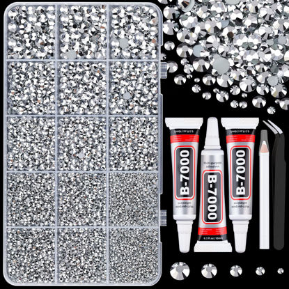 Picture of 16000Pcs Resin Rhinestones with Tweezers for Crafting, Silver 2-6mm Mixed Sizes Bedazzling Crystal with 3Pcs 10ml B7000 Jewelry Glue for DIY Crafts Clothing Tumblers Shoes Fabric Nail Art