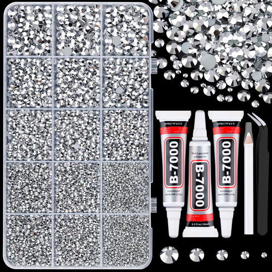Picture of 16000Pcs Resin Rhinestones with Tweezers for Crafting, Silver 2-6mm Mixed Sizes Bedazzling Crystal with 3Pcs 10ml B7000 Jewelry Glue for DIY Crafts Clothing Tumblers Shoes Fabric Nail Art