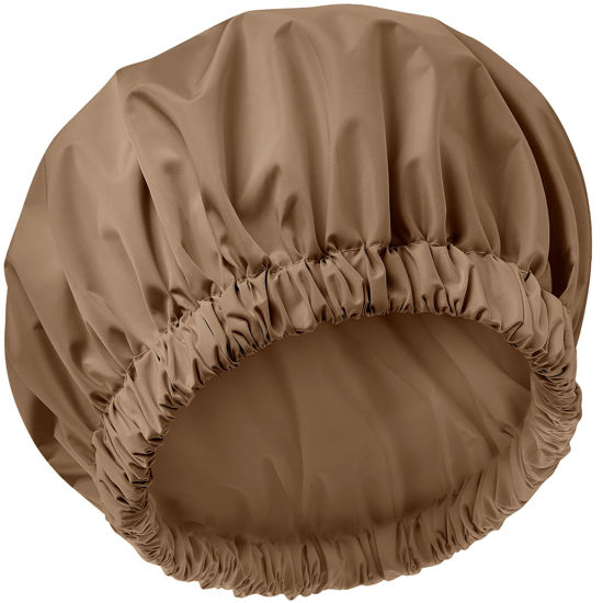 Picture of Reusable Shower Cap for Women, Large Waterproof Shower Bonnet Washable Elastic Band Bath Hair Hat for Long Hair, Braids(Brown)
