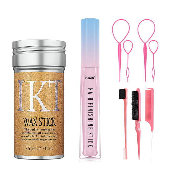 Picture of FUNAN 9Pcs hair finishing stick Set with hair finishing stick, hair wax stick, Hair Tail Tools, Hair Comb Kit for Woman Girl Hair Styling, Non-Greasy and Non-Sticky, Edge&Back Brushing(Pink)