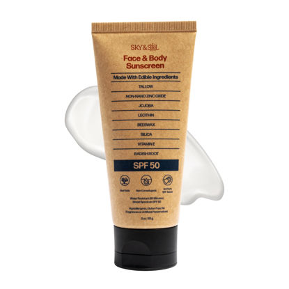 Picture of Sky and Sol Non-Toxic Natural Mineral Sunscreen SPF 50 | Safest Organic Natural Tallow & Zinc Oxide Sunblock | Reef Safe, Clean Non-Greasy Formula for Face and Body | Women and Men. 3 oz (85 g)