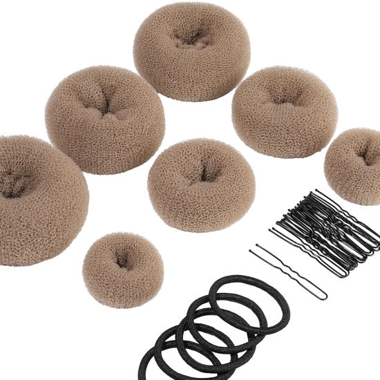 Picture of Teenitor Donut Hair Bun Maker 7 Pieces, Bun Maker Set with Hair Bun Makers (1 extra-large, 2 large, 2 medium and 2 small), 5 pieces Hair Elastic Bands, 20 pieces Hair Pins, Tan Color