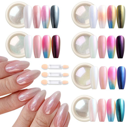 Picture of Fcozpjk White Chrome Nail Powder, 6 Colors Pearl Chrome Powder for Nails, Mirror Effect Metallic Rubbing Pigment Dust Glazed Donut Nail Art Pearlescent Glitter Powder Manicure Decor