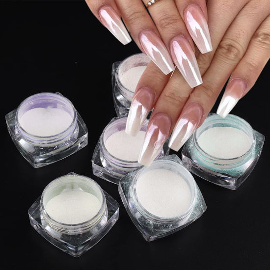 Picture of Pearl Chrome Nail Powder Set - 6 Colors Aurora Powder Mermaid Effect for Nails Iridescent Nail Glitter Shimmer White Rubbing Dust Nail Pigment Set Manicure Nail Art Decorations (Y451-459)