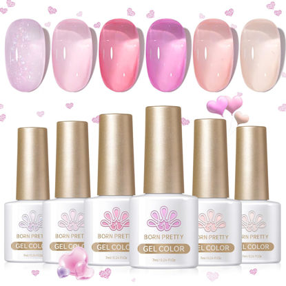 Picture of Born Pretty Ice Jelly Pink Gel Nail Polish Valentine's Day Pink Heart Jelly Transparent Gel Polish Sheer Glitter Nude Pink Natural Gel Polish Set Nail Art Varnish Manicure 6PCS