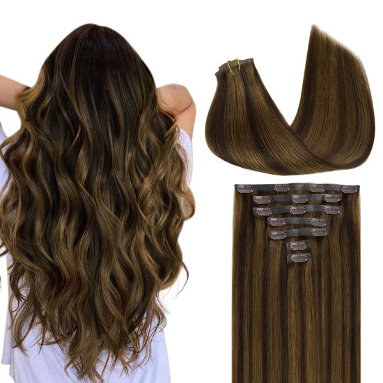 Picture of GOO GOO Clip in Hair Extensions Real Human Hair, Remy Human Hair Extensions Clip ins for Women, Natural Human Hair, 14inch 110g 7Pcs, 2C/4E/6C Brown Sugar Swirl Highlights