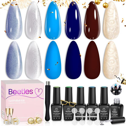 Picture of Beetles Cat Eye Gel Polish, Blue Brown Pearl Gel Nail Polish, 6 Color Charm Metamorph Theme with Magnet Nail Gel Polish for Salon Gel Manicure Nail Art DIY