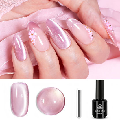 Picture of Beetles Cat Eye Gel Nail Polish, 15ML Pink Cat Eye Glitter Valentines Gel Nail Polish, Holographic Glitter Pink Cat Eye Magnetic Gel Nail Polish, Reflective Translucent Gel Polish Nail Art DIY at Home