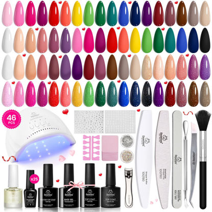 Picture of Beetles Gel Nail Polish Kit with UV Light, 46 PCS 25 Colors Valentines Gel Nail Polish Set Base Glossy Matte Glitter Top Coat Gel Polish Red Green Brown Blue Pink Nude Gel Manicure Gift for Women