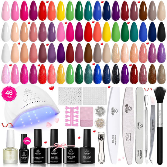 Picture of Beetles Gel Nail Polish Kit with UV Light, 46 PCS 25 Colors Valentines Gel Nail Polish Set Base Glossy Matte Glitter Top Coat Gel Polish Red Green Brown Blue Pink Nude Gel Manicure Gift for Women