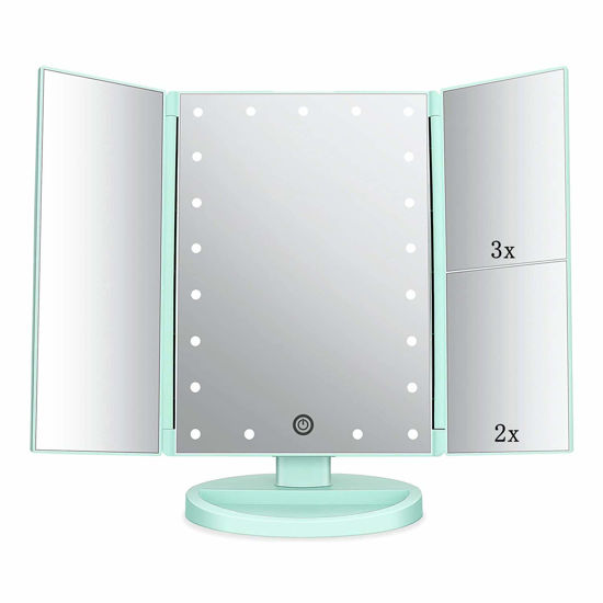 Picture of Flymiro Tri-fold Lighted Vanity Makeup Mirror with 3x/2x Magnification,21 LEDs Light and Touch Screen,180 Degree Free Rotation Countertop Cosmetic Mirror,Travel (Green)