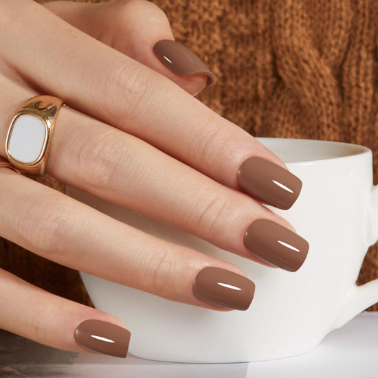 Picture of Modelones 32Pcs Fall Brown Press on Nails, Upgrade Short Square Fake Nails, Reusable Nail Kit with Nail Glue Adhesive Tabs Mini Nail File, Nails Press Ons 16 Sizes