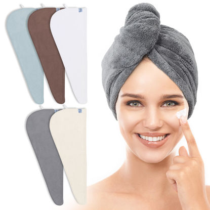 Picture of TENSTARS 5 Pack Thicken Microfiber Hair Towel Wrap for Women - Elastic Loop Design - 320GSM Coral Velvet - Quick Dry Hair Turban - 11x28 Inch (Cream+White+Brown+Light Teal+Grey, 5)
