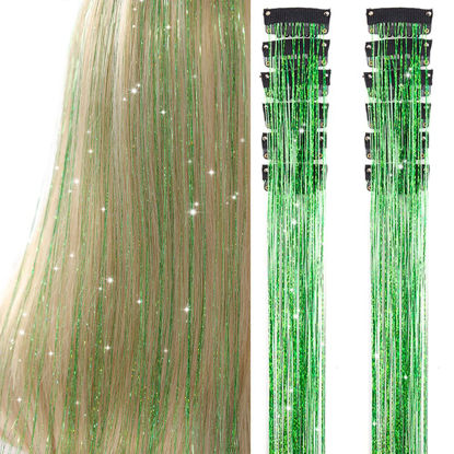 Picture of Hair Tinsel Pack of 12 Pcs Clip in Hair Tinsel 20 Inch Glitter Green Tinsel Hair Extensions, Festival Tinsel Fairy Hair Party Dazzle Hair Accessories Strands Kit(12Pcs,Fruit green#)