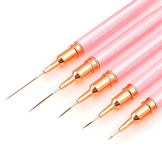 Picture of Komall Metallic Nail Art Brushes, 5Pcs Liner Brush Set, UV Gel Polish Painting Art Design Pen for Long Lines, Thin Details, Fine Drawing Sizes 4/8/12/20/25mm(Pink)
