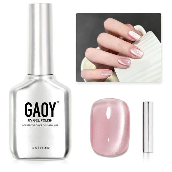 Picture of GAOY Pink Glassy Cat Eye Gel Nail Polish, 16ml Glitter Holographic Nail Polish with Magnet, Reflective Translucent UV Gel, 2333 Light Rose