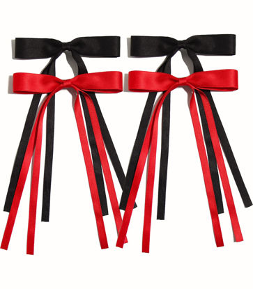 Picture of 4pcs Ribbon Bowknot Hair Clips for Women with Long Tails, Solid Barrettes Claw Accessories in Black Red
