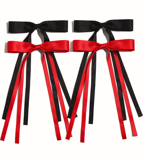 Picture of 4pcs Ribbon Bowknot Hair Clips for Women with Long Tails, Solid Barrettes Claw Accessories in Black Red