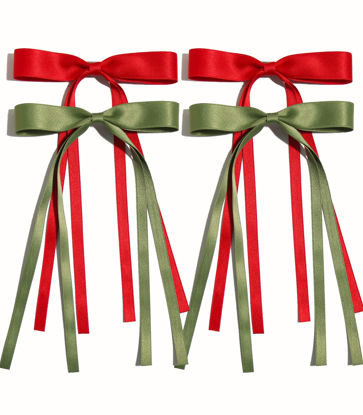 Picture of Tassel Ribbon Bowknot Hair Clips with Long Tails for Women and Girls, Solid Barrettes and Claw Clips with Bows for Long Hair (Red Green)
