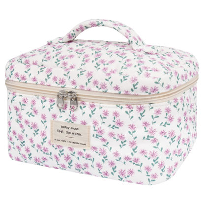 Picture of Large Makeup Bag, Cute Cosmetic Bag for Women Girls, Floral Coquette Aesthetic Toiletry Bag, Travel Make Up Organizer Bag (Purple Flower)
