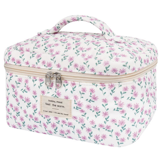 Picture of Large Makeup Bag, Cute Cosmetic Bag for Women Girls, Floral Coquette Aesthetic Toiletry Bag, Travel Make Up Organizer Bag (Purple Flower)