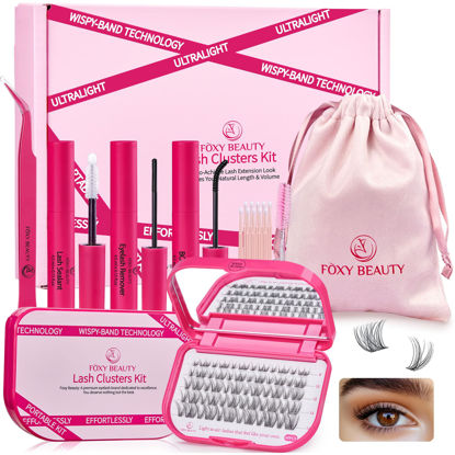 Picture of Lash Clusters Kit with Bond and Seal Clear Band Lash Clusters Lash Extension Kit with Eyelid Wipes Brush Eyelash Extension Kit with Drawstring Bag Birthday Gift for Women