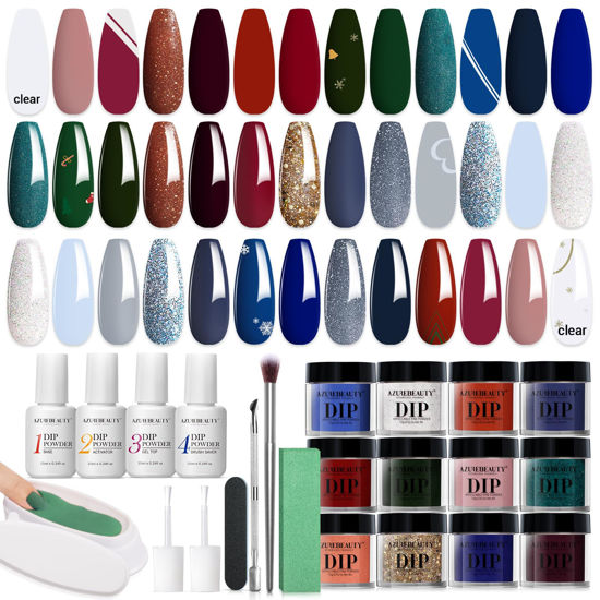 Picture of AZUREBEAUTY 31Pcs Dip Powder Nail Kit Red Green Glitter White 20 Colors Acrylic Dipping Powder Liquid Set with Top/Base Coat Activator for French Nails Art DIY Salon Christmas Gift