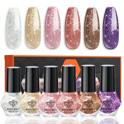 Picture of Modelones Nail Polish Set 6 Colors Red Nude Gold Glitter Min Nail Polish Set Quick Dry Diamond Silver Sparkle Winter Nail Polish Manicure DIY Nail Art Salon Home Gift for Women Girl